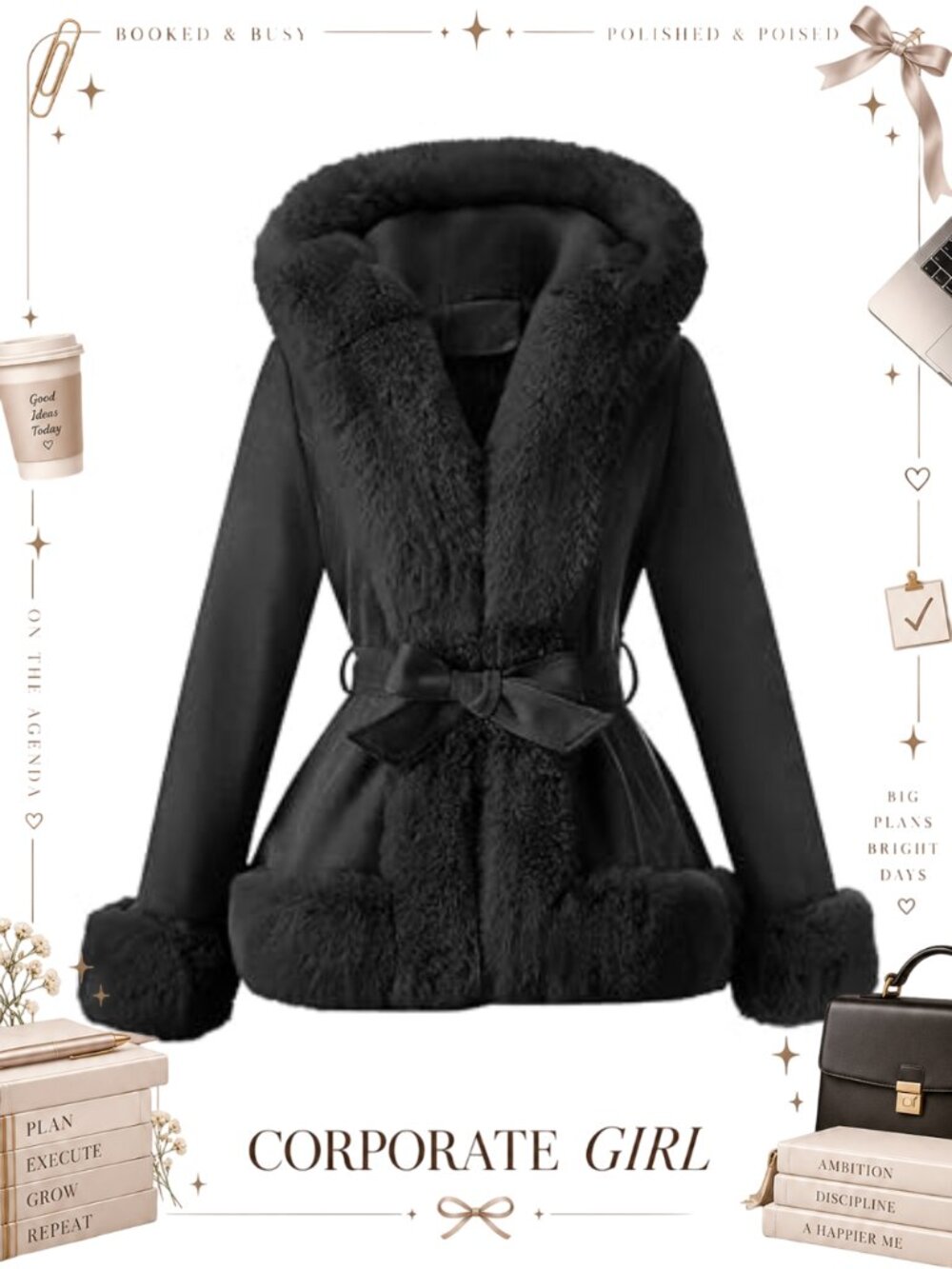 Faux Fur Jacket Women Furry Trim Thicken Belted Parka